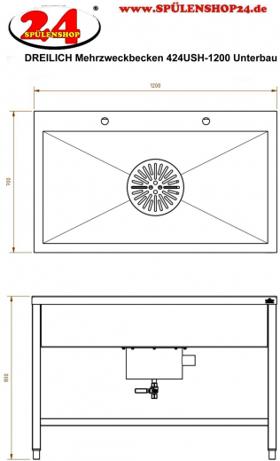 DREILICH Arbeits-/ Mehrzweckbecken 424USH-1200 Schlammfangbecken mit Untergestell und Hahnlochbank Lnge 1200mm (3504180095)