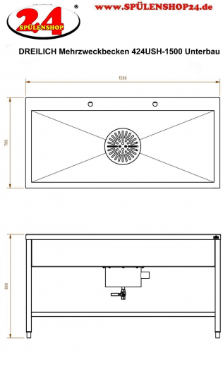 DREILICH Arbeits-/ Mehrzweckbecken 424USH-1500 Schlammfangbecken mit Untergestell und Hahnlochbank Lnge 1500mm (3504180096)