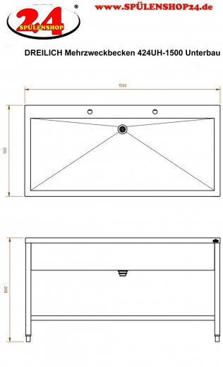 DREILICH Arbeits-/ Mehrzweckbecken 424UH-1500 mit Untergestell und Hahnlochbank Lnge 1500mm (3504180088)