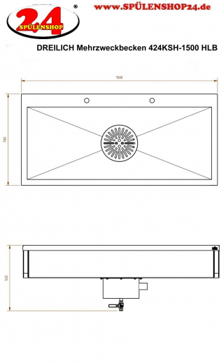 DREILICH Arbeits-/ Mehrzweckbecken 424KSH-1500 wandhngend als Werkraum-/ Schlammfangbecken mit Hahnlochbank Becken Lnge 1500mm (3504180092)