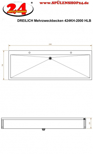 DREILICH Arbeits-/ Mehrzweckbecken 424KH-2000 mit Hahnlochbank wandhngend gekantetes und geschweites Becken Lnge 2000mm (3504180085)