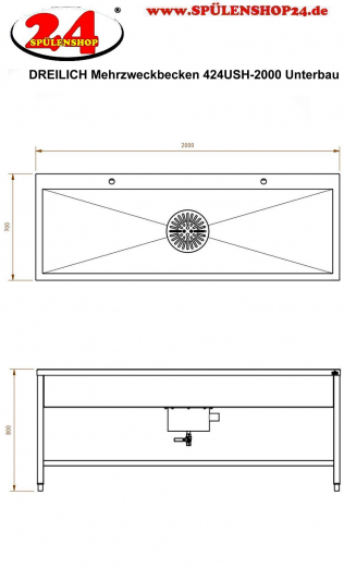 DREILICH Arbeits-/ Mehrzweckbecken 424USH-2000 Schlammfangbecken mit Untergestell und Hahnlochbank Lnge 2000mm (3504180097)