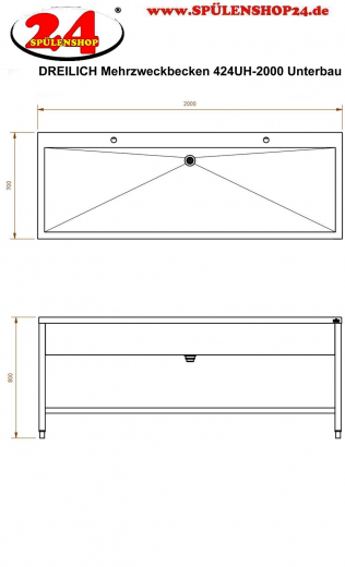 DREILICH Arbeits-/ Mehrzweckbecken 424UH-2000 mit Untergestell und Hahnlochbank Lnge 2000mm (3504180089)