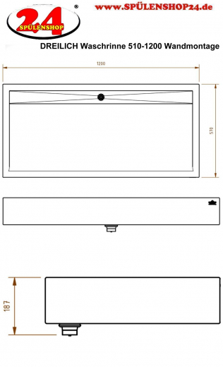 DREILICH Waschrinne 510-1200 mit Schrze wandhngend gekantete und geschweite Konstruktion Lnge 1200mm (3502180098)