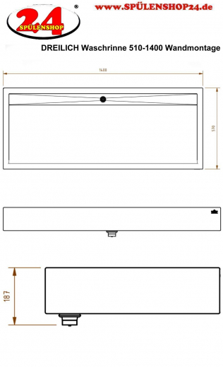 DREILICH Waschrinne 510-1400 mit Schrze wandhngend gekantete und geschweite Konstruktion Lnge 1400mm (3502180132)