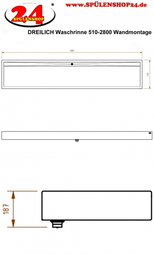 DREILICH Waschrinne 510-2800 mit Schrze wandhngend gekantete und geschweite Konstruktion Lnge 2800mm (3502180134)