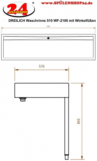 DREILICH Waschrinne 510 WF-2100 mit Schrze wandhngend mit Winkelfen gekantete und geschweite Konstruktion Lnge 2100mm (3502180228)