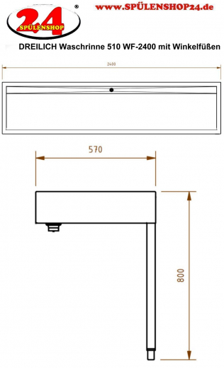 DREILICH Waschrinne 510 WF-2400 mit Schrze wandhngend mit Winkelfen gekantete und geschweite Konstruktion Lnge 2400mm (3502180229)