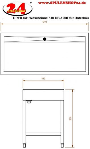 DREILICH Waschrinne 510 UB-1200 mit Schrze bodenstehend mit Unterbau gekantete und geschweite Konstruktion Lnge 1200mm (3502180252)