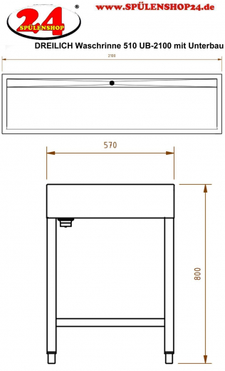 DREILICH Waschrinne 510 UB-2100 mit Schrze bodenstehend mit Unterbau gekantete und geschweite Konstruktion Lnge 2100mm (3502180256)