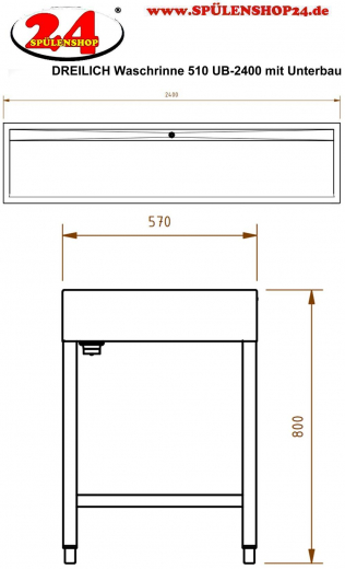 DREILICH Waschrinne 510 UB-2400 mit Schrze bodenstehend mit Unterbau gekantete und geschweite Konstruktion Lnge 2400mm (3502180257)