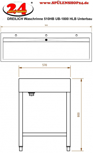 DREILICH Waschrinne 510HB UB-1800 mit Schrze und Hahnlochbank bodenstehend mit Unterbau geschweite Konstruktion Lnge 1800mm (3502180262)