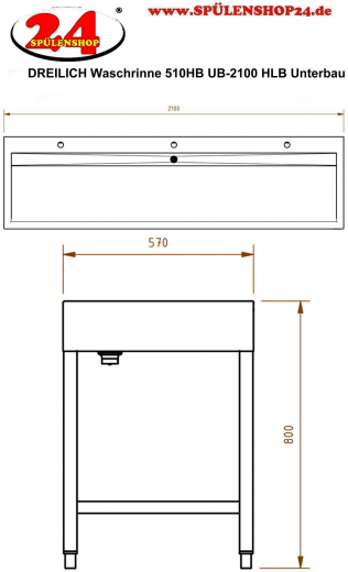 DREILICH Waschrinne 510HB UB-2100 mit Schrze und Hahnlochbank bodenstehend mit Unterbau geschweite Konstruktion Lnge 2100mm (3502180263)