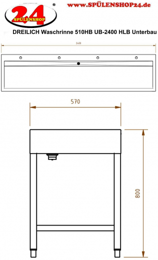 DREILICH Waschrinne 510HB UB-2400 mit Schrze und Hahnlochbank bodenstehend mit Unterbau geschweite Konstruktion Lnge 2400mm (3502180264)