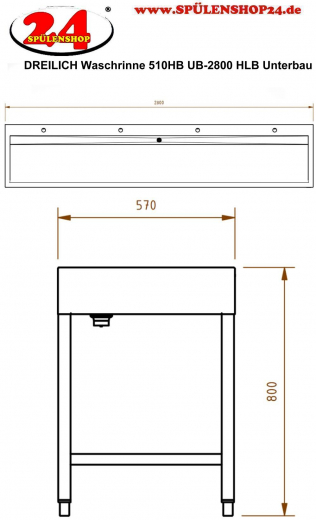 DREILICH Waschrinne 510HB UB-2800 mit Schrze und Hahnlochbank bodenstehend mit Unterbau geschweite Konstruktion Lnge 2800mm (3502180265)