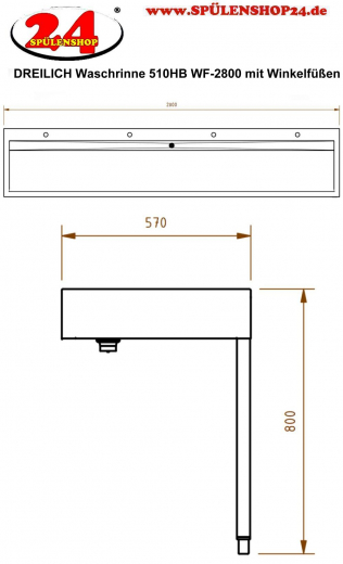 DREILICH Waschrinne 510HB WF-2800 mit Schrze und Hahnlochbank wandhngend mit Winkelfen geschweite Konstruktion Lnge 2800mm (3502180237)