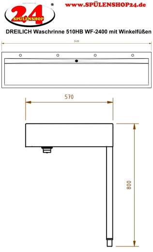 DREILICH Waschrinne 510HB WF-2400 mit Schrze und Hahnlochbank wandhngend mit Winkelfen geschweite Konstruktion Lnge 2400mm (3502180236)