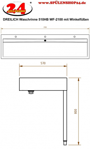 DREILICH Waschrinne 510HB WF-2100 mit Schrze und Hahnlochbank wandhngend mit Winkelfen geschweite Konstruktion Lnge 2100mm (3502180235)