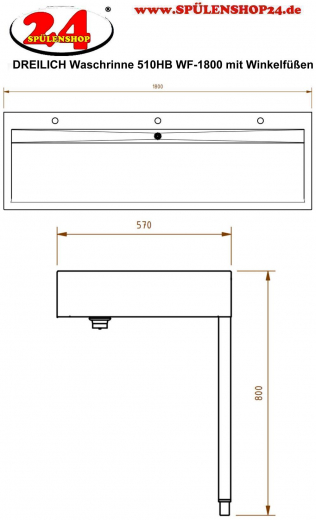 DREILICH Waschrinne 510HB WF-1800 mit Schrze und Hahnlochbank wandhngend mit Winkelfen geschweite Konstruktion Lnge 1800mm (3502180234)