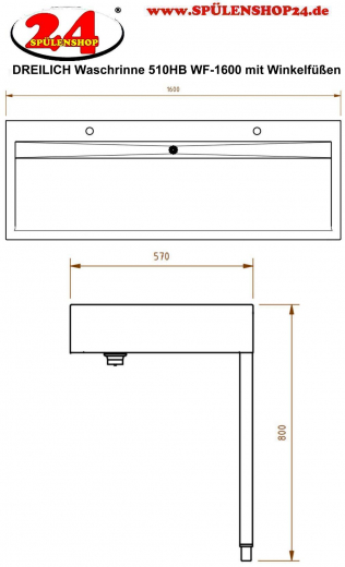 DREILICH Waschrinne 510HB WF-1600 mit Schrze und Hahnlochbank wandhngend mit Winkelfen geschweite Konstruktion Lnge 1600mm (3502180233)