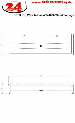 DREILICH Waschrinne 405-1600 ohne Schrze mit Hahnlochbank wandhngend gekantete und geschweite Konstruktion Lnge 1600mm (3502180169)