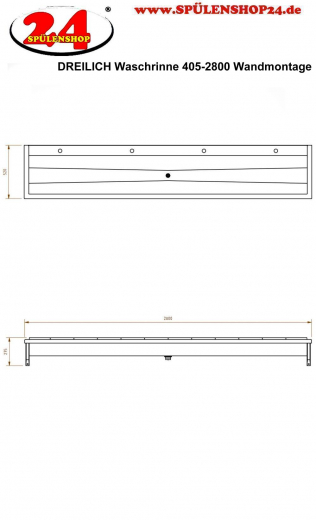 DREILICH Waschrinne 405-2800 ohne Schrze mit Hahnlochbank wandhngend gekantete und geschweite Konstruktion Lnge 2800mm (3502180173)