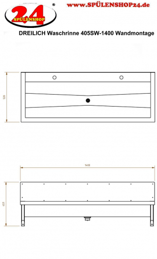 DREILICH Waschrinne 405SW-1400 HLB ohne Schrze mit Spritzwand wandhngend gekantete und geschweite Konstruktion Lnge 1400mm (3502180175)