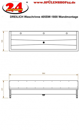 DREILICH Waschrinne 405SW-1800 HLB ohne Schrze mit Spritzwand wandhngend gekantete und geschweite Konstruktion Lnge 1800mm (3502180177)