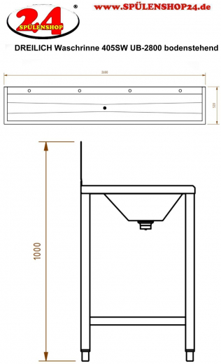 DREILICH Waschrinne 405SW UB-2800 ohne Schrze HLB mit Spritzwand bodenstehend mit Unterbau geschweite Konstruktion Lnge 2800mm (3502180251)