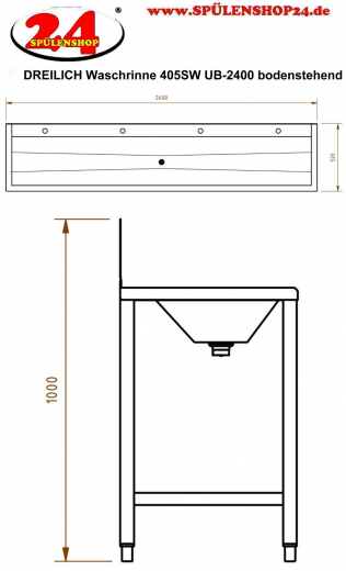 DREILICH Waschrinne 405SW UB-2400 ohne Schrze HLB mit Spritzwand bodenstehend mit Unterbau geschweite Konstruktion Lnge 2400mm (3502180250)