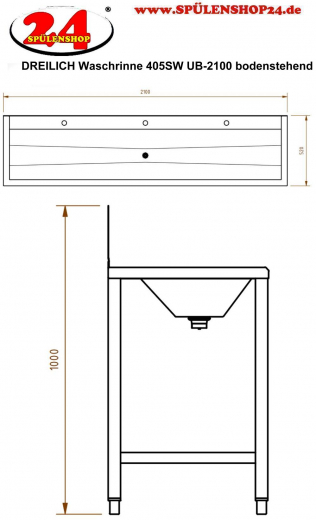 DREILICH Waschrinne 405SW UB-2100 ohne Schrze HLB mit Spritzwand bodenstehend mit Unterbau geschweite Konstruktion Lnge 2100mm (3502180249)