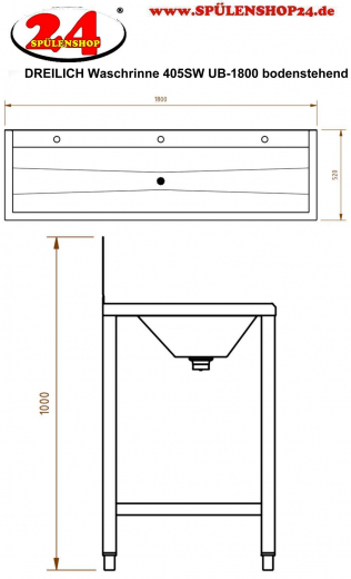 DREILICH Waschrinne 405SW UB-1800 ohne Schrze HLB mit Spritzwand bodenstehend mit Unterbau geschweite Konstruktion Lnge 1800mm (3502180248)