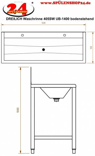 DREILICH Waschrinne 405SW UB-1400 ohne Schrze HLB mit Spritzwand bodenstehend mit Unterbau geschweite Konstruktion Lnge 1400mm (3502180246)