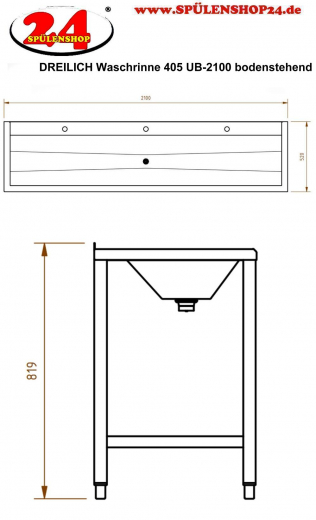 DREILICH Waschrinne 405 UB-2100 ohne Schrze Hahnlochbank bodenstehend mit Unterbau geschweite Konstruktion Lnge 2100mm (3502180242)