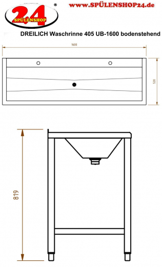 DREILICH Waschrinne 405 UB-1600 ohne Schrze Hahnlochbank bodenstehend mit Unterbau geschweite Konstruktion Lnge 1600mm (3502180240)