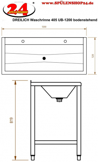 DREILICH Waschrinne 405 UB-1200 ohne Schrze Hahnlochbank bodenstehend mit Unterbau geschweite Konstruktion Lnge 1200mm (3502180238)