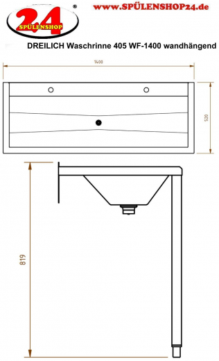 DREILICH Waschrinne 405 WF-1400 ohne Schrze mit Hahnlochbank wandhngend mit Winkelfen geschweite Konstruktion Lnge 1400mm (3502180211)