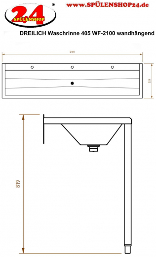 DREILICH Waschrinne 405 WF-2100 ohne Schrze mit Hahnlochbank wandhngend mit Winkelfen geschweite Konstruktion Lnge 2100mm (3502180214)