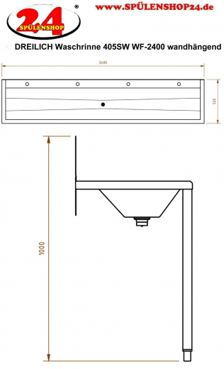 DREILICH Waschrinne 405SW WF-2400 ohne Schrze mit Spritzwand HLB wandhngend mit Winkelfen geschweite Konstruktion Lnge 2400mm (3502180222)