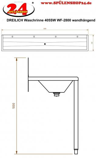 DREILICH Waschrinne 405SW WF-2800 ohne Schrze mit Spritzwand HLB wandhngend mit Winkelfen geschweite Konstruktion Lnge 2800mm (3502180223)