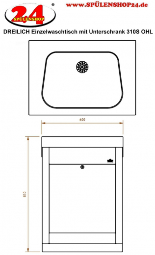 DREILICH Einzelwaschtisch 310S mit Unterschrank ohne Hahnlochbohrung bodenstehende verdeckte Montage an der Wand (3502180059)