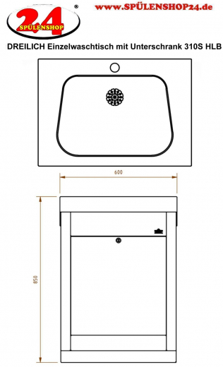 DREILICH Einzelwaschtisch 310SHL mit Unterschrank mit Hahnlochbohrung bodenstehende verdeckte Montage an der Wand (3502180080)