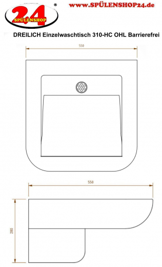 DREILICH Einzelwaschtisch Handicap 310-HC ohne Hahnlochbohrung Barrierefrei* wandhngende Montage (3502180155)