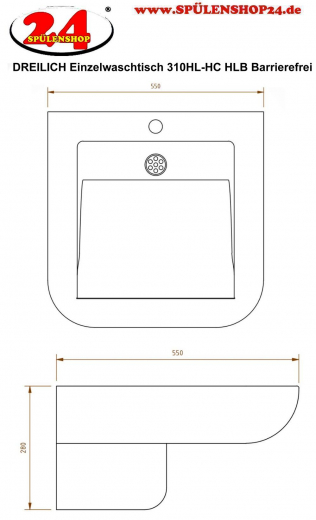 DREILICH Einzelwaschtisch Handicap 310HL-HC mit Hahnlochbohrung Barrierefrei* wandhngende Montage (3502180188)
