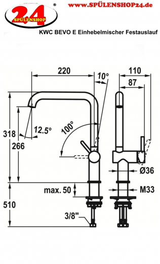 KWC Kchenarmatur Bevo E 10.531.012.700FL Einhebelmischer Edelstahl massiv mit Festauslauf Griffposition rechts