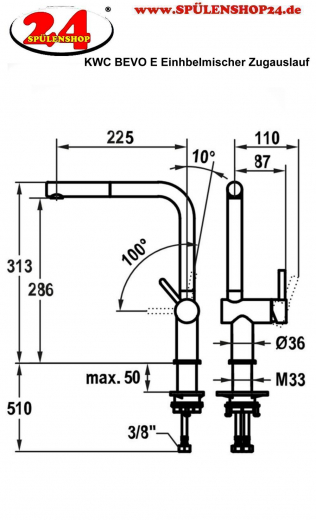 KWC Kchenarmatur Bevo E 10.531.103.700FL Einhebelmischer Edelstahl massiv mit Zugauslauf Griffposition rechts