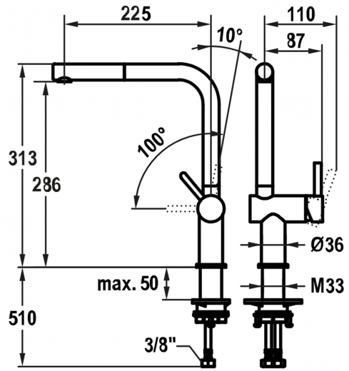 KWC Kchenarmatur Bevo E 10.531.103.700FL Einhebelmischer Edelstahl massiv mit Zugauslauf Griffposition rechts