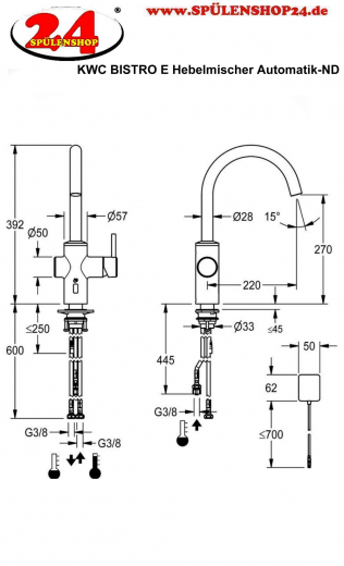 KWC Kchenarmatur Bistro E 10.581.132.700FL Einhebelmischer Edelstahl massiv Berhrungsloser Sensor opto-elektronisch gesteuert mit Netzteil Niederdruck