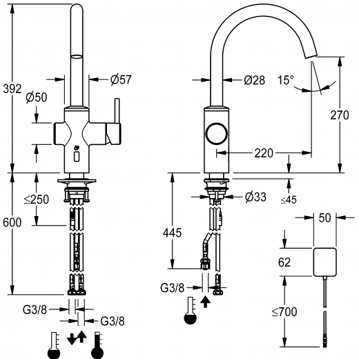 KWC Kchenarmatur Bistro E 10.581.132.700FL Einhebelmischer Edelstahl massiv Berhrungsloser Sensor opto-elektronisch gesteuert mit Netzteil Niederdruck