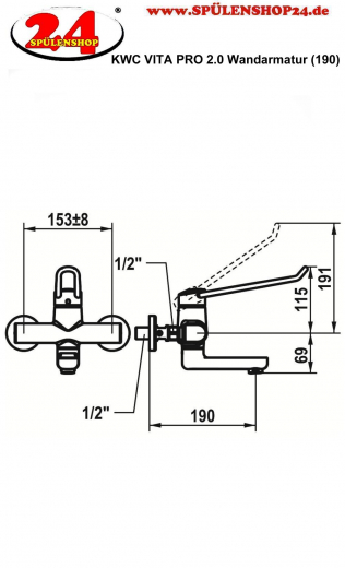 KWC Vita Pro 2.0 11.522.102.000LL WA Einhebelmischer Waschtisch Chrom Wandarmatur geeignet Medizinischer Bereich